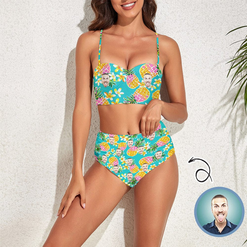 Custom Face Pineapple Lily Flowers Two-piece Highe Waist Bikini Swimsuit