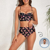 Custom Face Pink Heart Black Two-piece Highe Waist Bikini Swimsuit