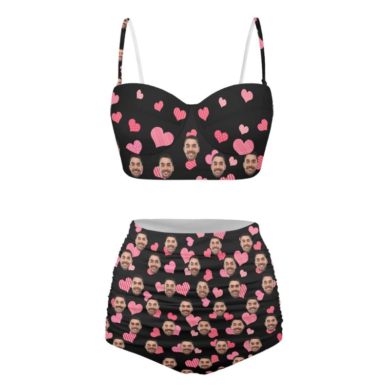 Custom Face Pink Heart Black Two-piece Highe Waist Bikini Swimsuit