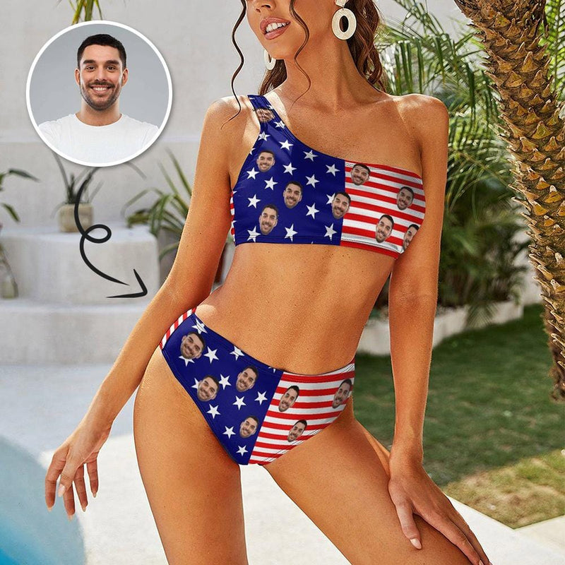 Custom Face USA Flag One Shoulder Stringless Low Waited Bikini Personalized Women's Two Piece Swimsuit Beach Outfits