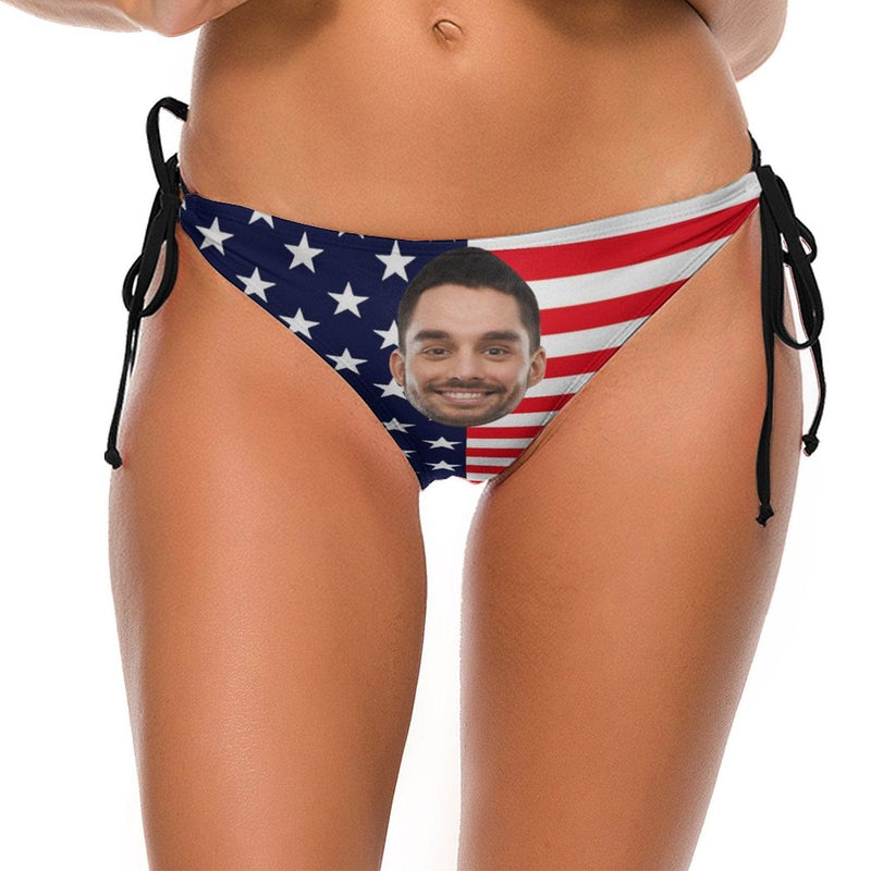 Side Tie-Custom Big Face Flag Personalized Bikini Swimsuit Bottom