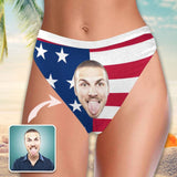 High Waisted High Cut Bikini Bottom-Custom Face USA Flag Personalized Bikini Swimsuit Bottom