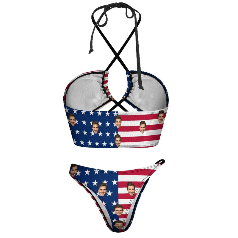 Custom Face American Flag Swimsuit Self Tie Halter Neck Straps Cross Strap Bikini