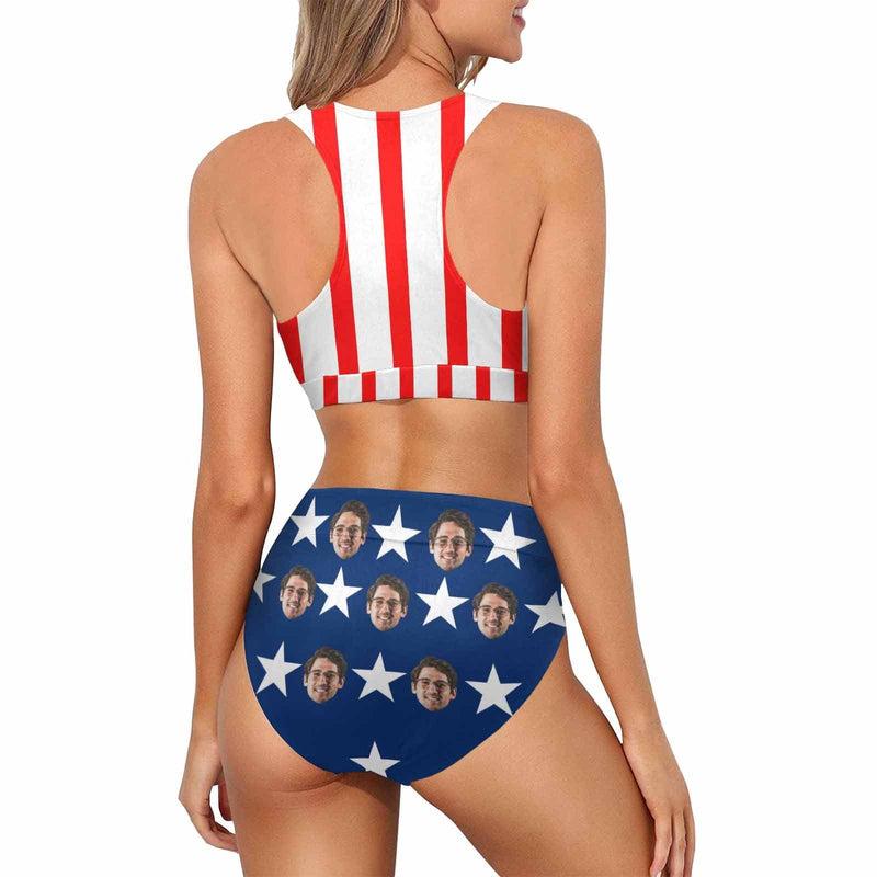 Custom Face American Flag Style High Crew Neck High Waisted Bikini Personalized Women's Two Piece Swimsuit Beach Outfits