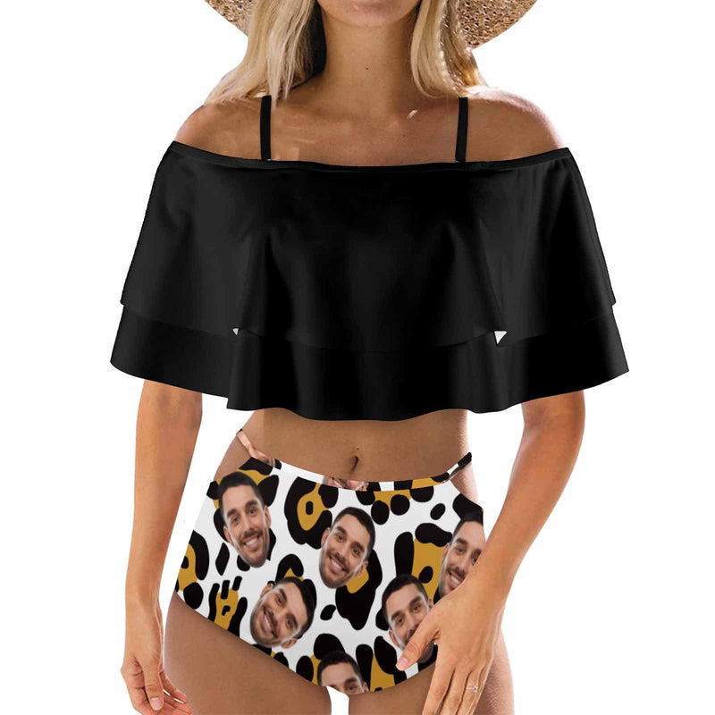 Custom Face Leopard Print Black Women's Two-Piece Off Shoulder or Sling 2 Ways to Wear Ruffle High Waisted Bikini Set