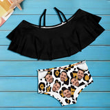 Custom Face Leopard Print Black Women's Two-Piece Off Shoulder or Sling 2 Ways to Wear Ruffle High Waisted Bikini Set