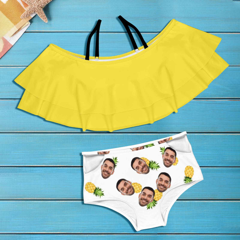 Custom Face Pineapple Yellow Women's Two-Piece Off Shoulder or Sling 2 Ways to Wear Ruffle High Waisted Bikini Set