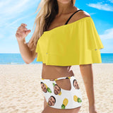 Custom Face Pineapple Yellow Women's Two-Piece Off Shoulder or Sling 2 Ways to Wear Ruffle High Waisted Bikini Set