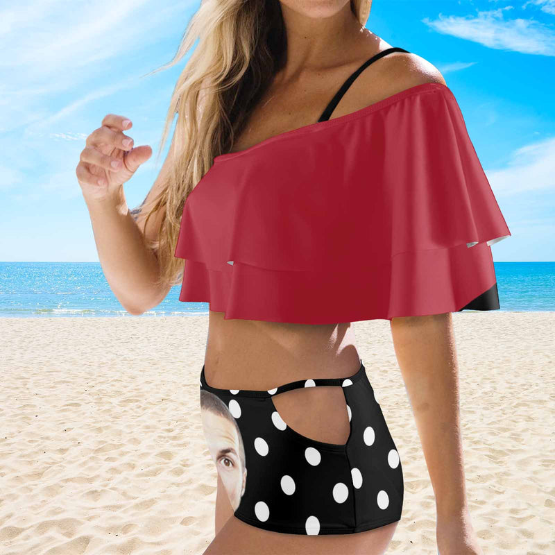 Custom Face Polka Dots Design Red Women's Two-Piece Off Shoulder or Sling 2 Ways to Wear Ruffle High Waisted Bikini Set