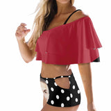 Custom Face Polka Dots Design Red Women's Two-Piece Off Shoulder or Sling 2 Ways to Wear Ruffle High Waisted Bikini Set