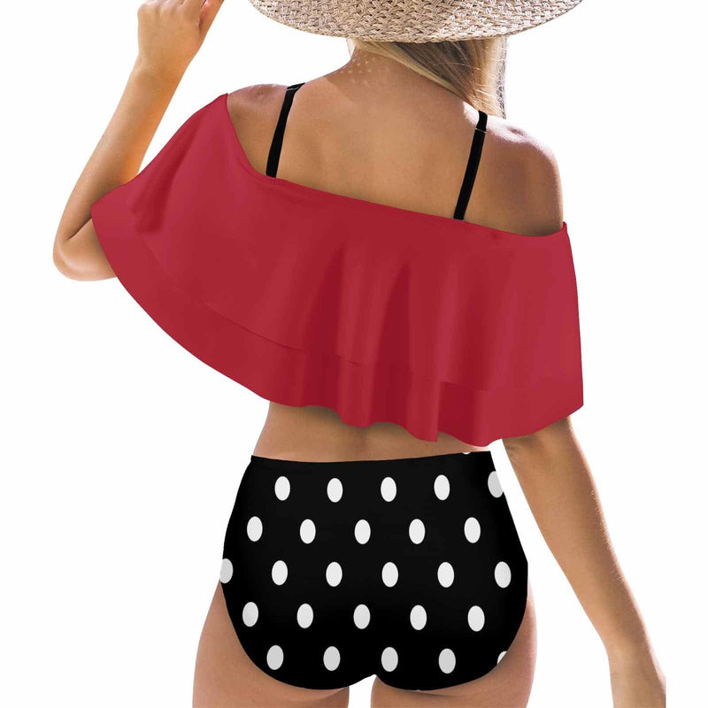 Custom Face Polka Dots Design Red Women's Two-Piece Off Shoulder or Sling 2 Ways to Wear Ruffle High Waisted Bikini Set