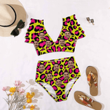 Custom Face Yellow and Pink Leopard Women Ruffle High Waisted Flounce Bikini Set Two Pieces Swimsuit Beachwear