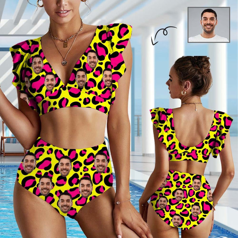 Custom Face Yellow and Pink Leopard Women Ruffle High Waisted Flounce Bikini Set Two Pieces Swimsuit Beachwear