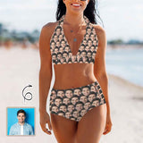 Custom Seamless Face Halterneck String Bikini Personalized High Waist Two-piece Bikini Swimsuit