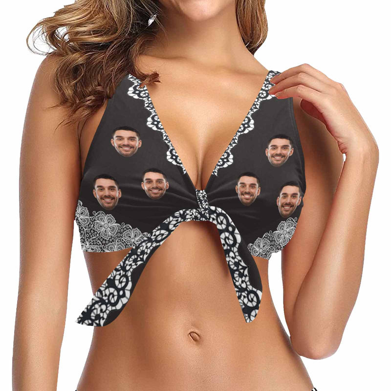 Bow Bikini Top-Custom Boyfriend Face Black Pattern Swimwear Top Personalized Bow Bikini Top