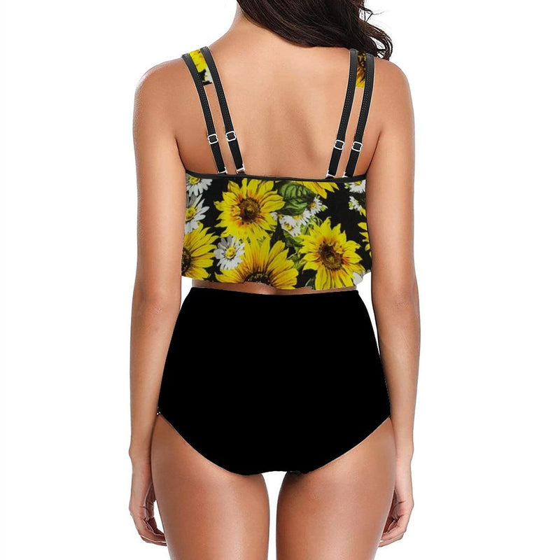 Custom Tankinis Face Sunflower Black Bikini Personalized Women's High Waisted Swimsuit Ruffled Top Bathing Suits