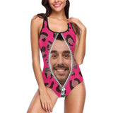 Custom Face Pink Leopard Zipper Swimsuit Personalized Women's Tank Top Bathing Swimsuit