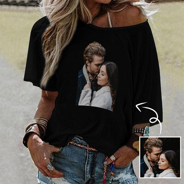 Custom Couple Photo Women's T-shirt Personalized Loose Mid-sleeve Off-neck T-shirt