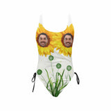 Custom Face Sunflower Swimsuits Personalized Women's New Drawstring Side One Piece Bathing Suit Honeymoon Party For Her