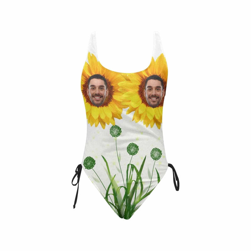 Custom Face Sunflower Swimsuits Personalized Women's New Drawstring Side One Piece Bathing Suit Honeymoon Party For Her