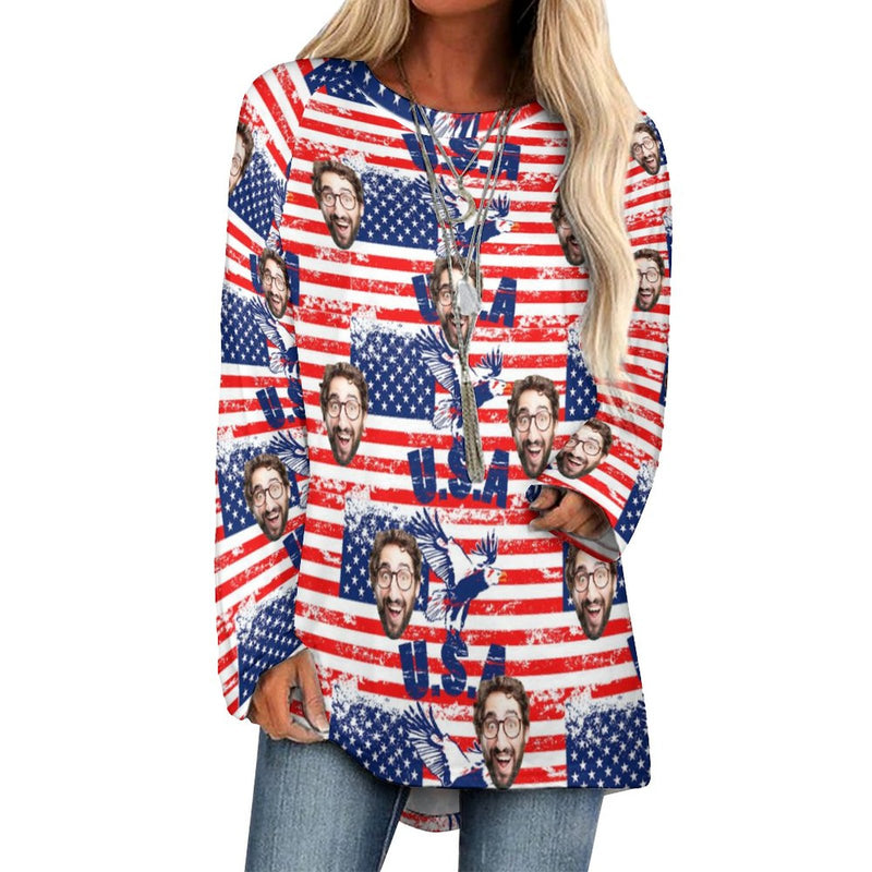 Custom Face USA Flag Women's T-Shirt Personalized BL Long Round Neck Long Sleeve T-Shirt