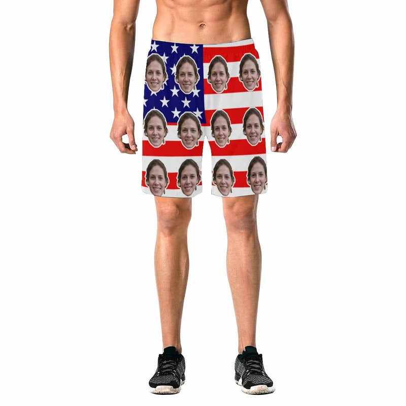 Custom Face Flag Red Stripes Men's Elastic Beach Shorts