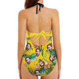 Custom Face Yellow Swimsuit Personalized Women's Backless Bow One Piece Bathing Suit