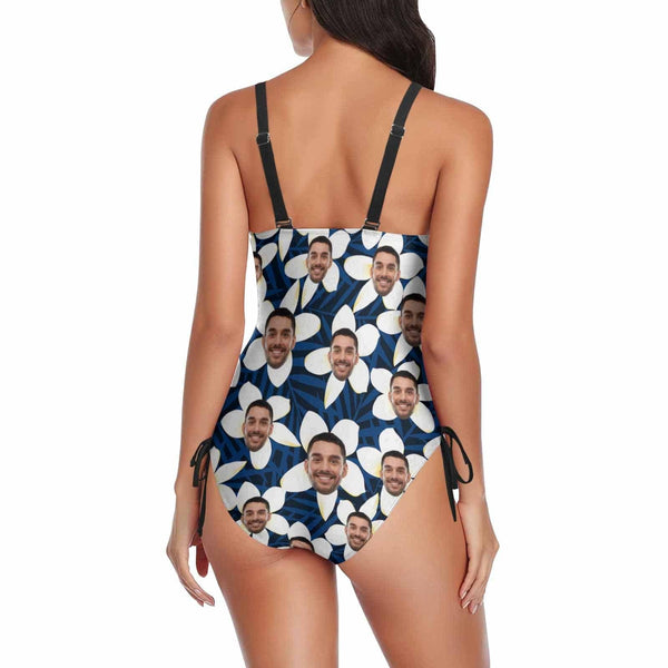 Custom Face White Flower Women's New Drawstring Side One Piece Swimsuits