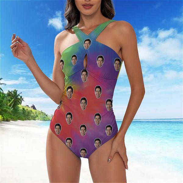 Custom Face Tie Dye Women's Tummy Control Front Cross Backless Swimsuit Bathing Suit Cross Collar One Piece Swimsuit