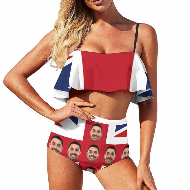 Custom Face Bikini UK Flag Swimsuit Personalized Ruffle Bathing Suits Celebrate Holiday Party