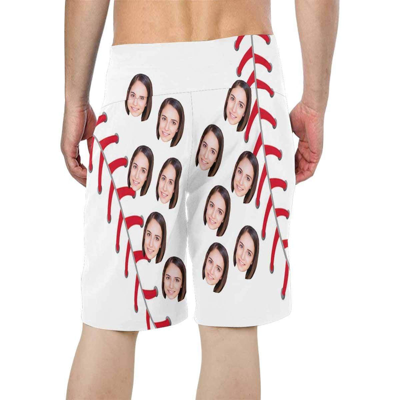 Custom Face Baseball Red White Personalized Photo Men's Beach Short-Drawstring Short