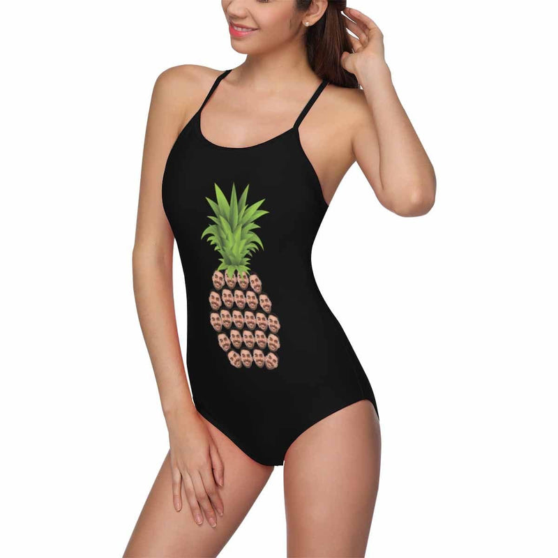 Custom Face Black Pineapple Swimsuit Personalized Women's Slip One Piece Bathing Suit Funny Gift