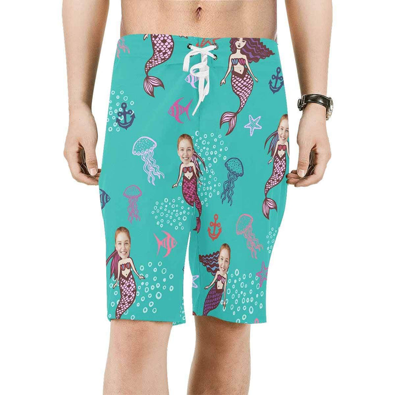 Custom Face Mermaid Personalized Photo Men's Beach Short-Drawstring Short