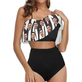 Custom Face Black&White Bikini Personalized Swimsuit Stripes Ruffle Bathing Suits