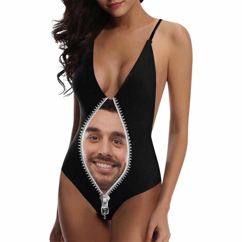 Custom Face Zipper Swimsuit Personalized Photo Women's One Piece Bathing Suits Valentine's Gift For Her