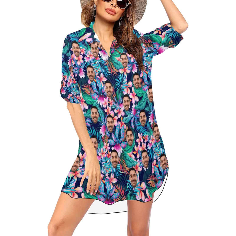 Custom Face Colorful Leaf Pink Flower Chiffon Shirt Dress Cover Up Thin Personalized Womens V-Neck Bikini Beach Tunic Top