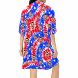 Custom Face Colorful Red&Blue Chiffon Shirt Thin Dress Cover Up Personalized Women's V-Neck Bikini Beach Tunic Top