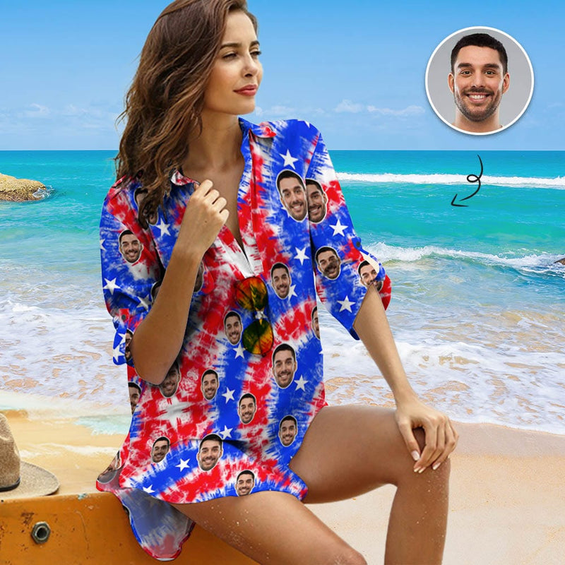 Custom Face Colorful Red&Blue Chiffon Shirt Thin Dress Cover Up Personalized Women's V-Neck Bikini Beach Tunic Top