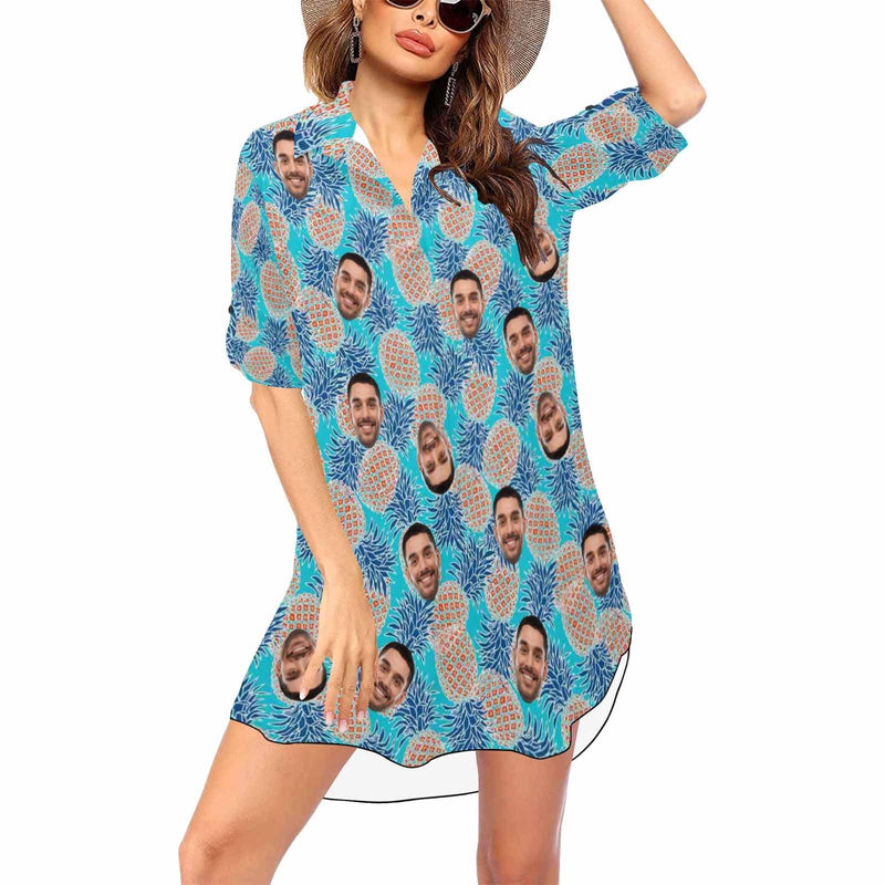 Custom Face Pineapple Chiffon Shirt Dress Thin Cover Up Personalized Women's V-Neck Bikini Beach Tunic Top