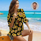 Custom Face Sunflower Chiffon Shirt Dress Thin Cover Up Personalized Women's V-Neck Bikini Beach Tunic Top