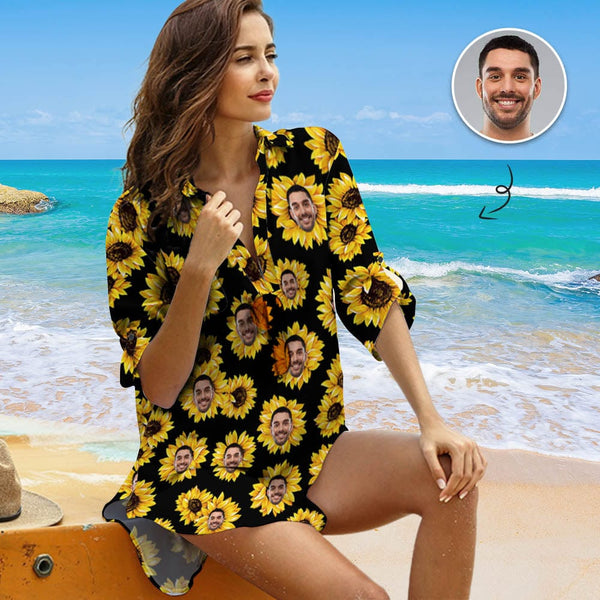 Custom Face Sunflower Chiffon Shirt Dress Thin Cover Up Personalized Women's V-Neck Bikini Beach Tunic Top