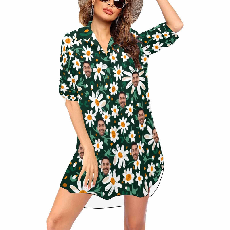 Custom Face White Flower Chiffon Shirt Dress Cover Up Thin Personalized Women's V-Neck Bikini Beach Tunic Top