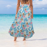 Custom Face Blue Leaves Women's Long Cover Up Skirt With Slit Swimsuit Beach Wrap