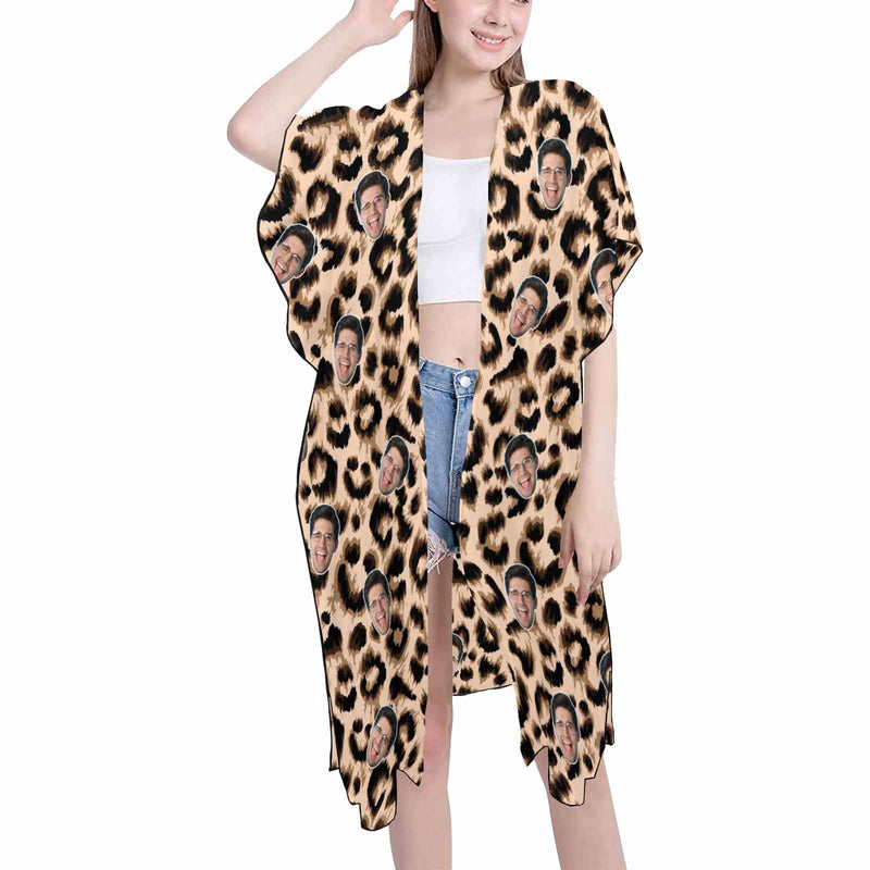 Custom Face Sexy Leopard Women's Bikini Swimsuit Long Short Kimono Chiffon Blouse Set