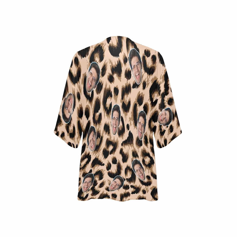 Custom Face Sexy Leopard Women's Bikini Swimsuit Long Short Kimono Chiffon Blouse Set