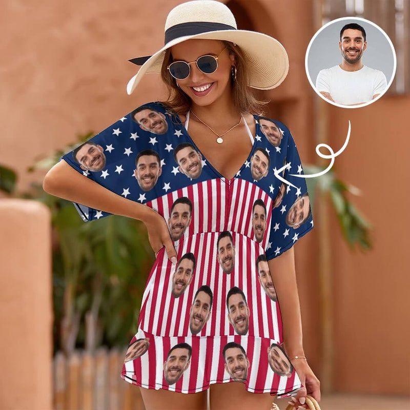 Custom Face American Flag One Piece Cover Up Dress Personalized Women's Short Sleeve Beachwear Coverups