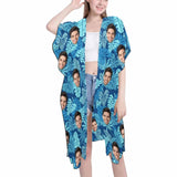 Custom Face Blue Leaf Women's Kimono Chiffon Cover Up Personalized Beach Wrap Cover Up Dress