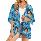 Custom Face Blue Leaf Women's Kimono Chiffon Cover Up Personalized Beach Wrap Cover Up Dress