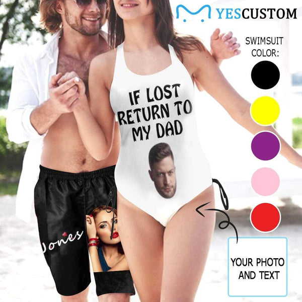 Custom Face&Text My Dad Swimsuits Personalized Women's New Drawstring Side One Piece Bathing Suit&Men's Beach Shorts Honeymoons Party