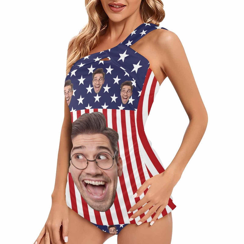 DstoryGifts 288613826712 Custom Face American Flag Swimsuit With Face Personalized Face Women's One Shoulder Two Piece Bathing Suit